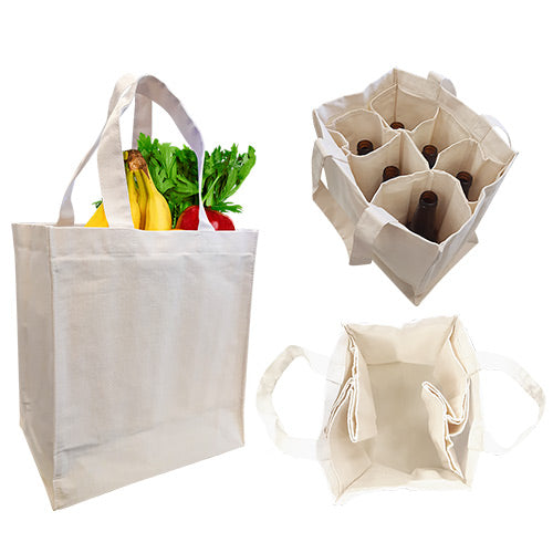 Canvas Grocery Shopping Bag with foldable 6 bottles insert